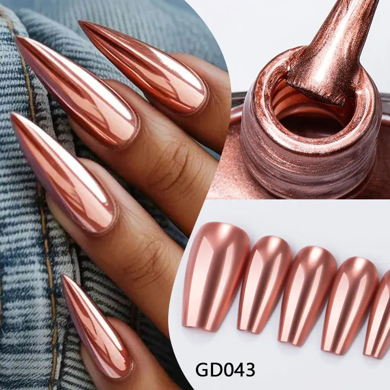 Vernis à ongles effet miroir rose cuivré, flacon et ongles métallisés.