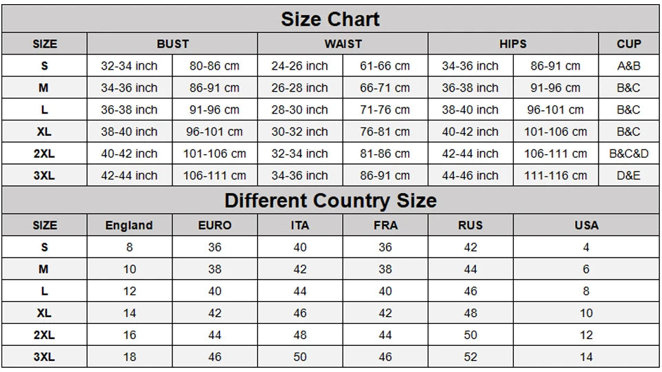 Tableau des tailles pour maillot de bain, dimensions buste, taille et hanches