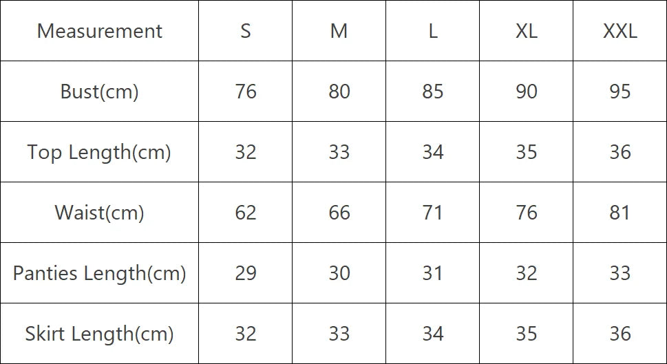 Tableau des tailles bikini : buste, longueurs haut, tour de taille, longueurs dessous et jupe