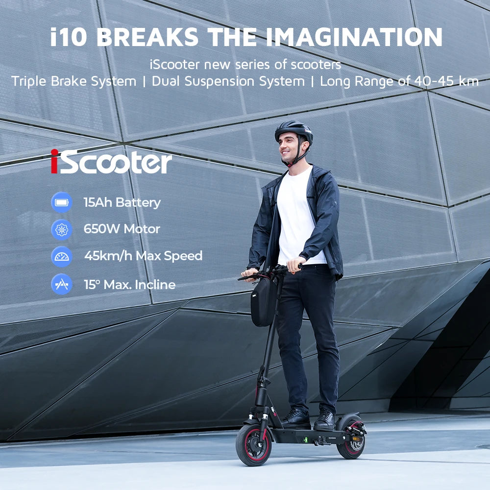IScooter- Électrique Pliable i10 adulte, Autonomie Maximale de 45km, 650W, 15Ah, 10 Pouces