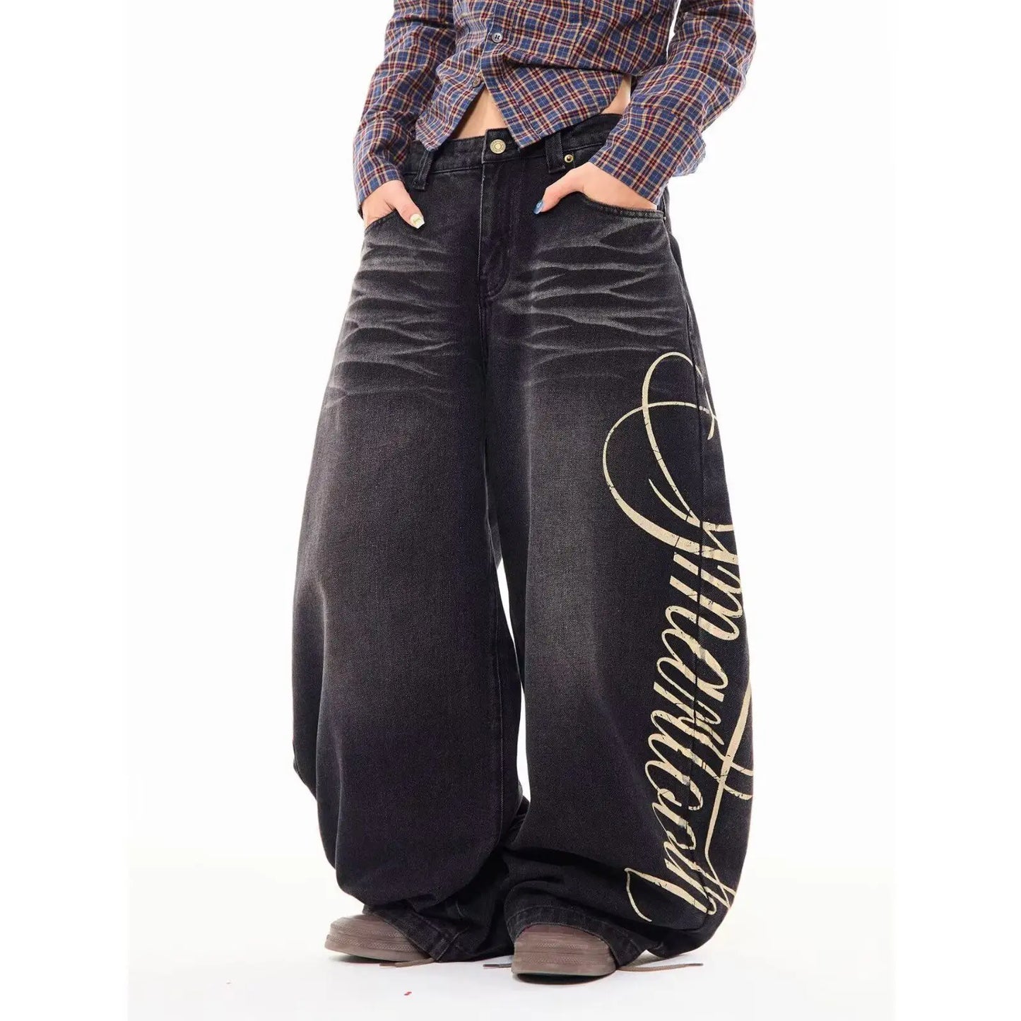 Jean Baggy Y2K Femme – Coupe Boyfriend Oversize, Imprimé Lettres Harajuku