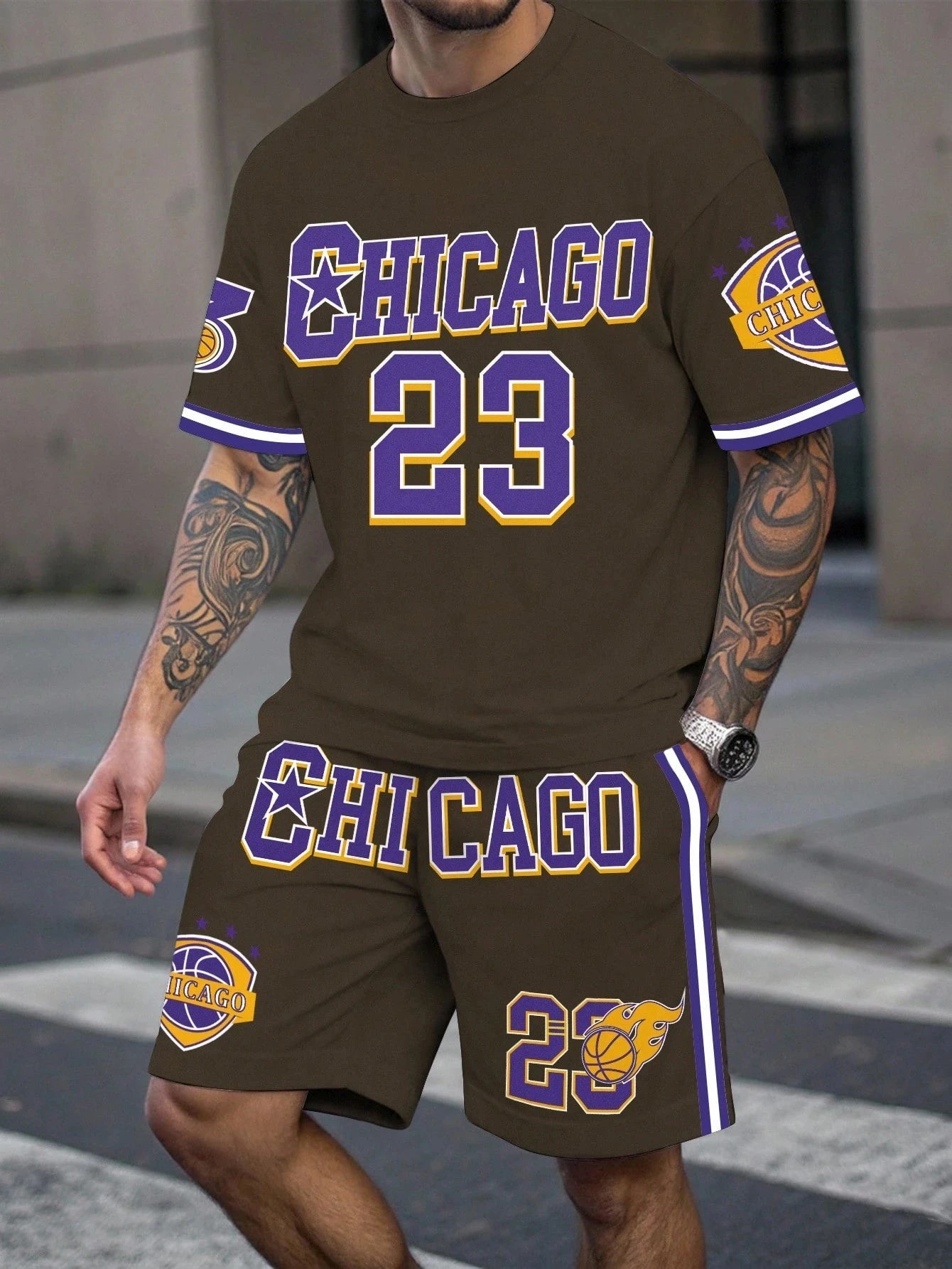 Ensemble t-shirt et short sport homme Chicago vert foncé, imprimé 23 et rayures