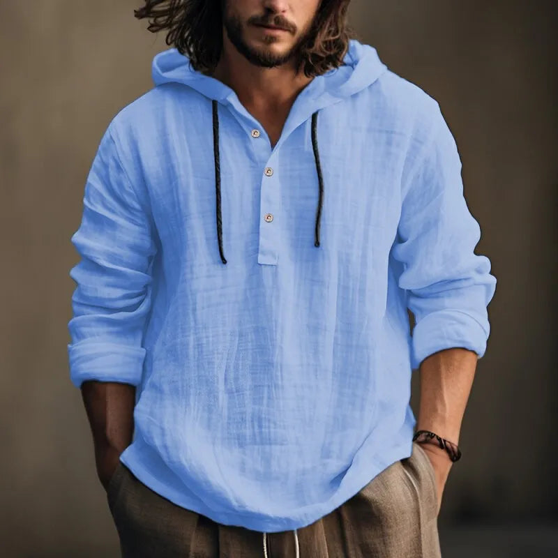 Chemise homme en lin à capuche bleu clair, manches longues, patte boutonnée