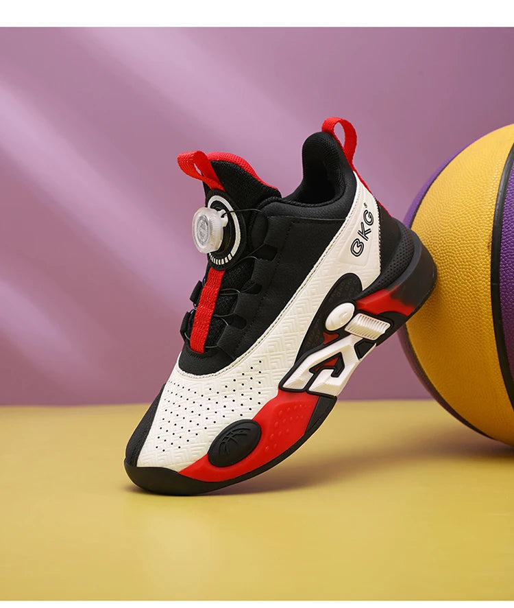 Chaussure de basket enfant blanche et noire à accents rouges, semelle et talon