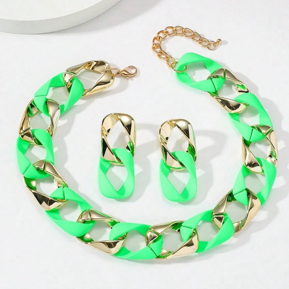 Parure Bijoux Femme Hip Hop - Collier Ras-du-Cou & Boucles Fluorescent Doré