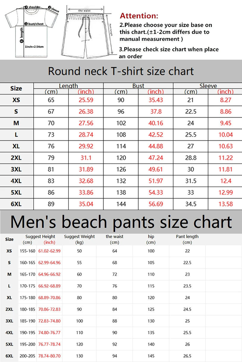 Tableau des tailles : t-shirt col rond et short de plage, mensurations