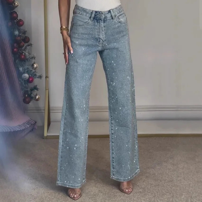 jeans droit délavé taille haute pour soirée festive