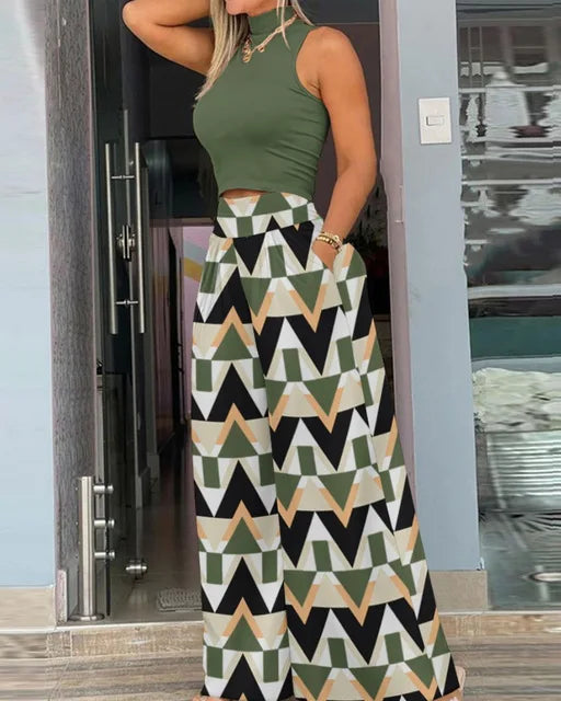Ensemble pour femme débardeur vert et pantalon large à motifs chevrons verts et beiges