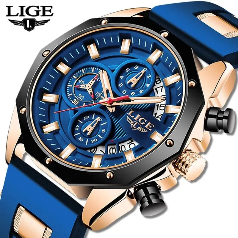 Montre Sport Homme LIGE Silicone - Chronographe Quartz Étanche Luxe Noir Or Rose