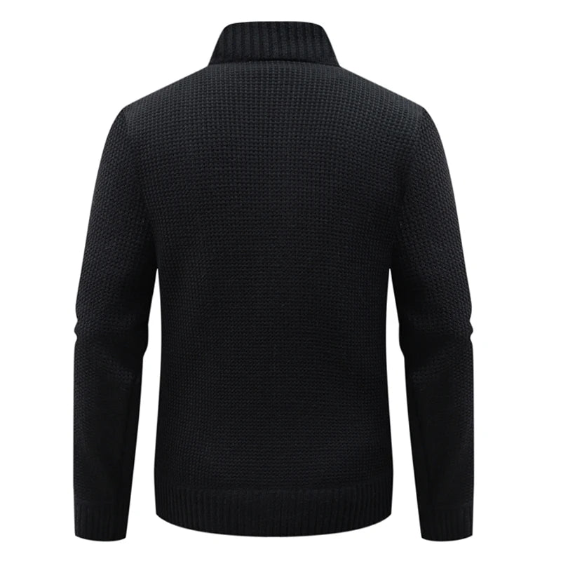 Cardigan homme noir au dos en tricot texturé, col montant côtelé et bords de manche