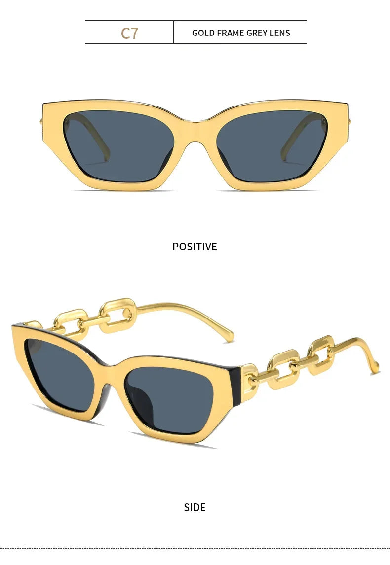 Lunettes de soleil œil de chat dorées, verres gris, vue de face.