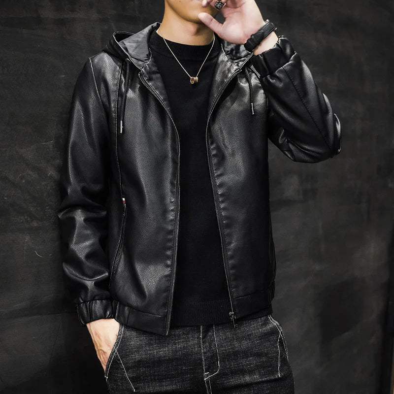 Blouson Homme Cuir PU Automne - Veste Motard Noir Uni | MONASTORESHOP.COM