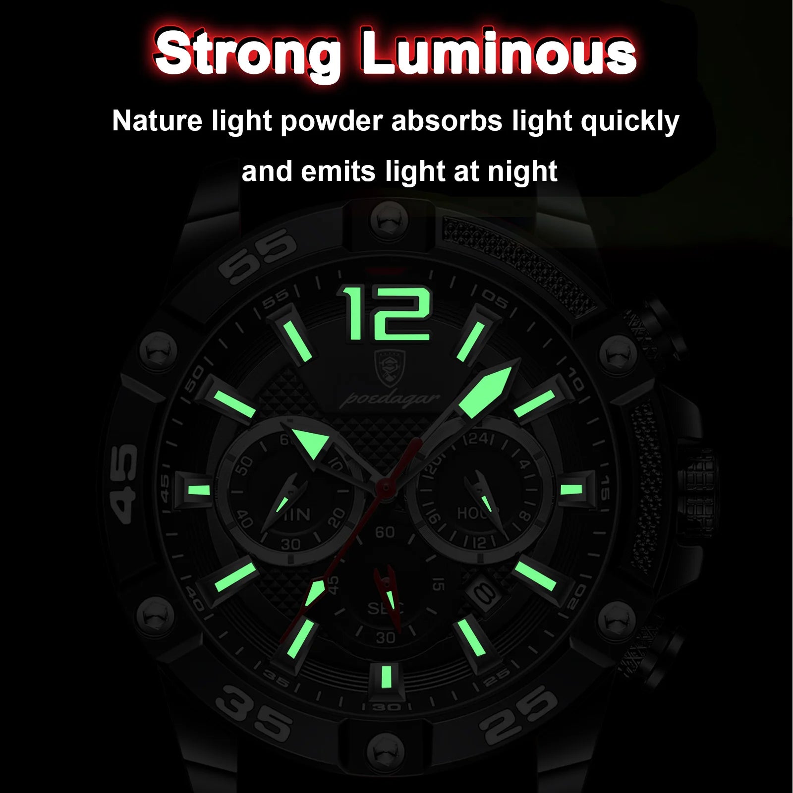Montre sport PoEDAGAR chronographe, cadran noir lumineux, bracelet noir