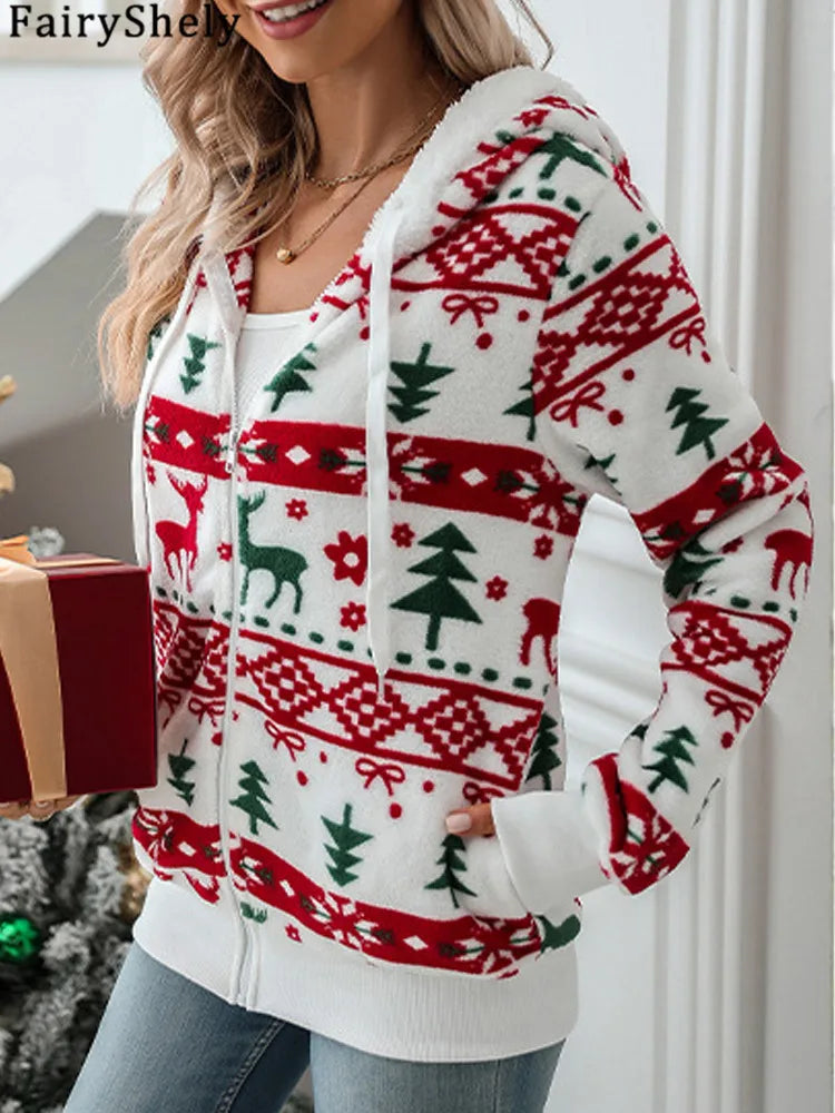 veste de noel en peluche décontracté chaud à manches longues pour femmes