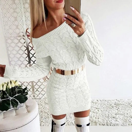 Robe Pull Courte Femme Épaule Dénudée – Coupe Ample Manches Ballon Style Décontracté