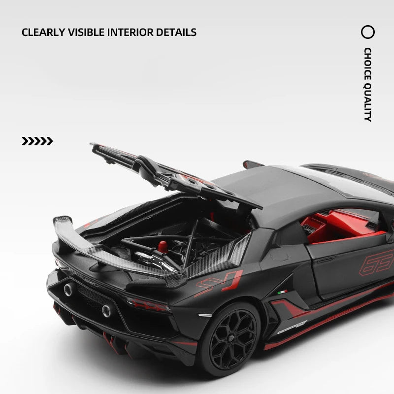 Voiture miniature supercar en métal avec intérieur visible, carrosserie gris foncé et accents rouges