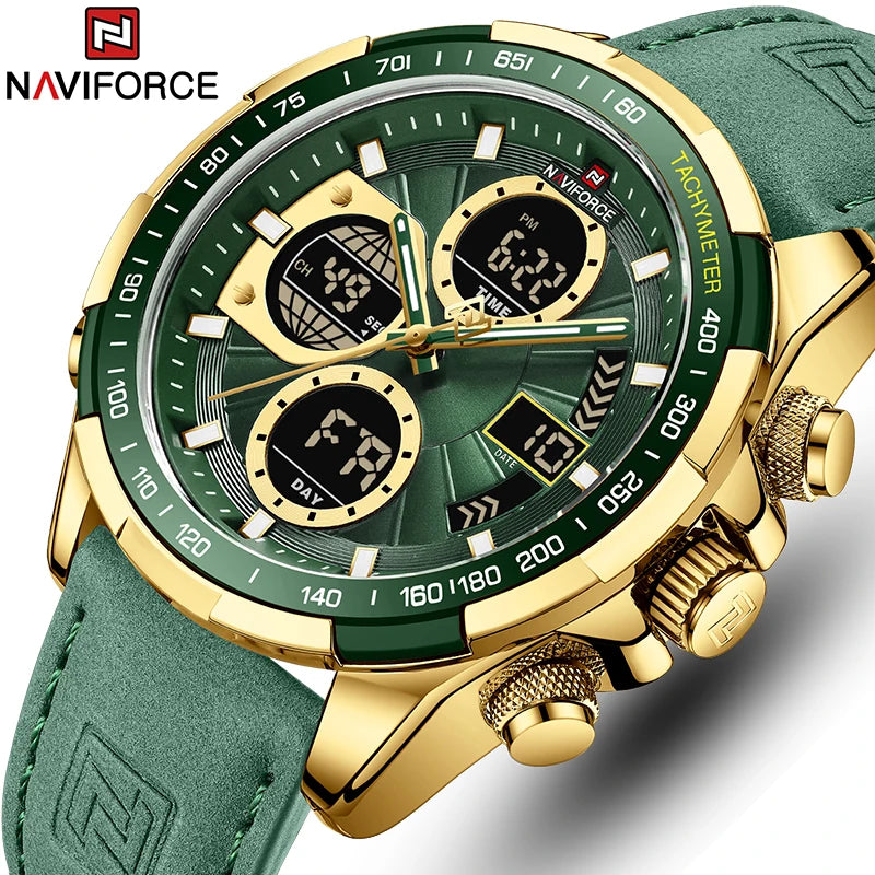 Montre homme sport à cadran vert, boîtier doré, bracelet cuir vert et chronographe