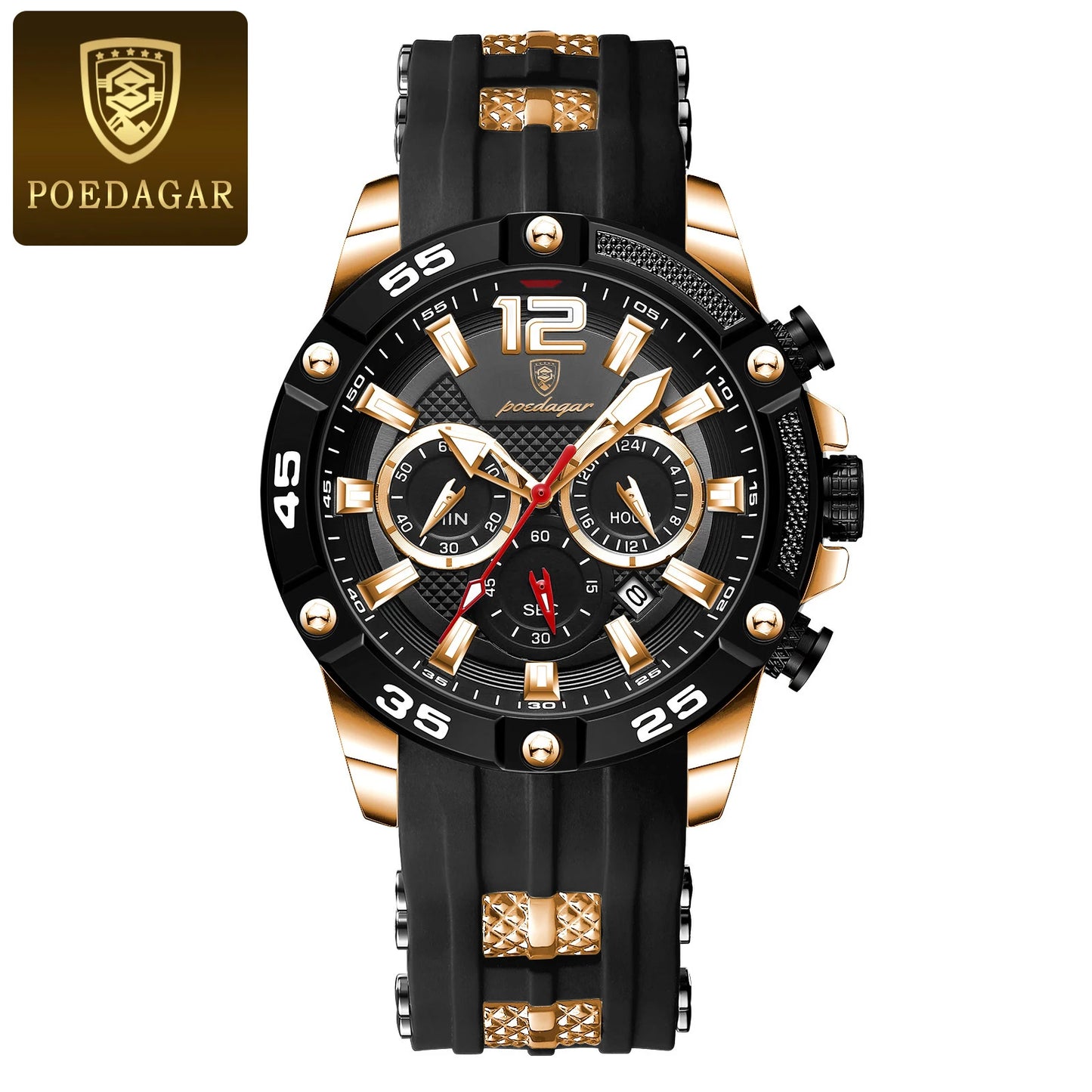 Montre sport PoEDAGAR chronographe, bracelet silicone noir, boîtier doré, cadran noir