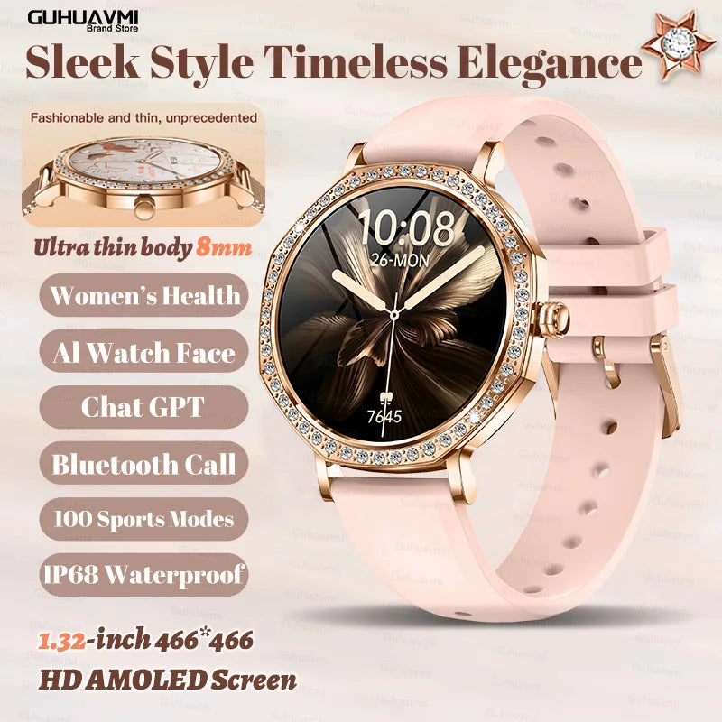 Montre Connectée Luxe Femme Diamant ChatGPT - 8mm Ultra Fine Bluetooth IP68 Or Rose - MONASTORESHOP.COM