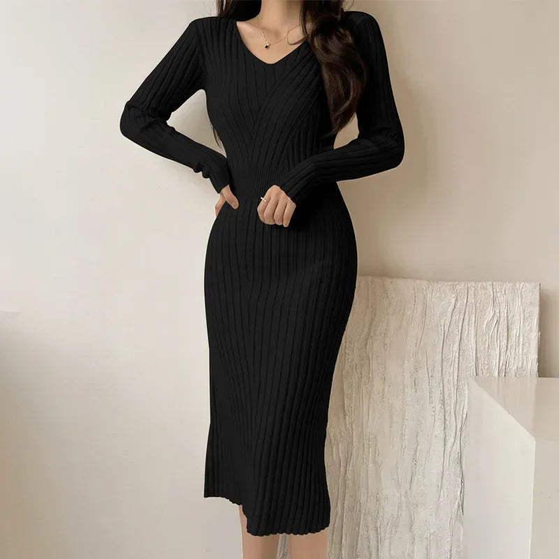 Robe style rétro à manches longues col en V pour femmes automne/hiver