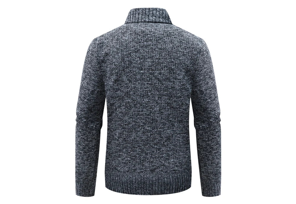 Veste cardigan homme en maille gris foncé, col montant côtelé, manches longues, vue dos.