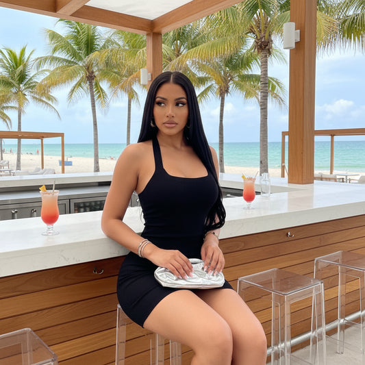 Robe Moulante Col Halter Femme - Mini Maille Cotelee Extensible Soiree Ete