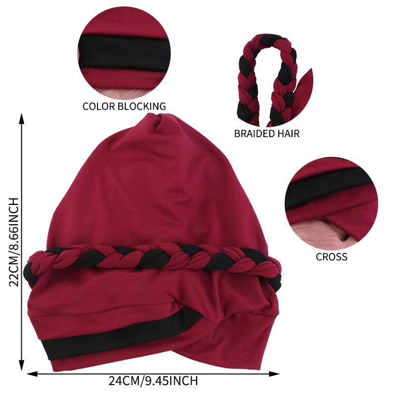 Turban tressé bordeaux avec bande noire contrastante, bordure bordeaux et tresse