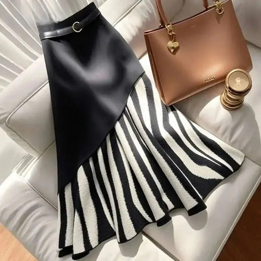 Jupe Sirène Mi-Longue Femme - Design Rayé Slim Taille Haute