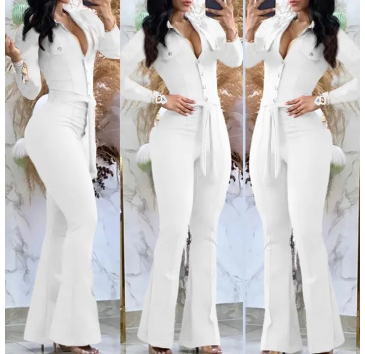 Combinaisons taille haute pour femmes, revers boutonné, pantalon micro évasé