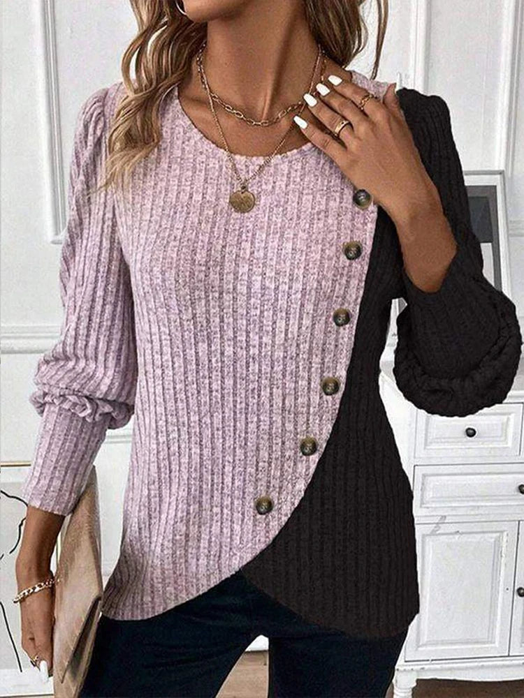 Pull Femme Col Rond Manches Longues - Rayé Couleur Contrastée Boutons