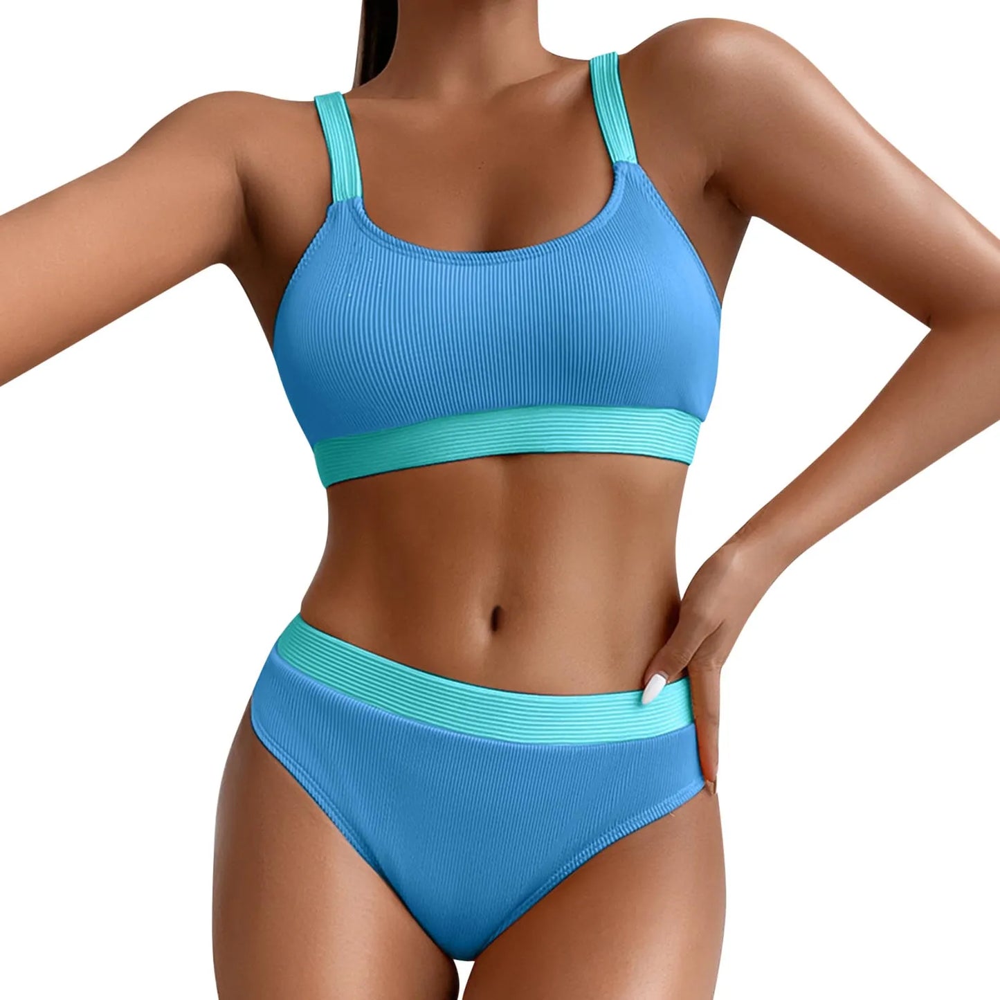 Ensemble maillot de bain rayé bleu et turquoise, brassière et slip taille haute