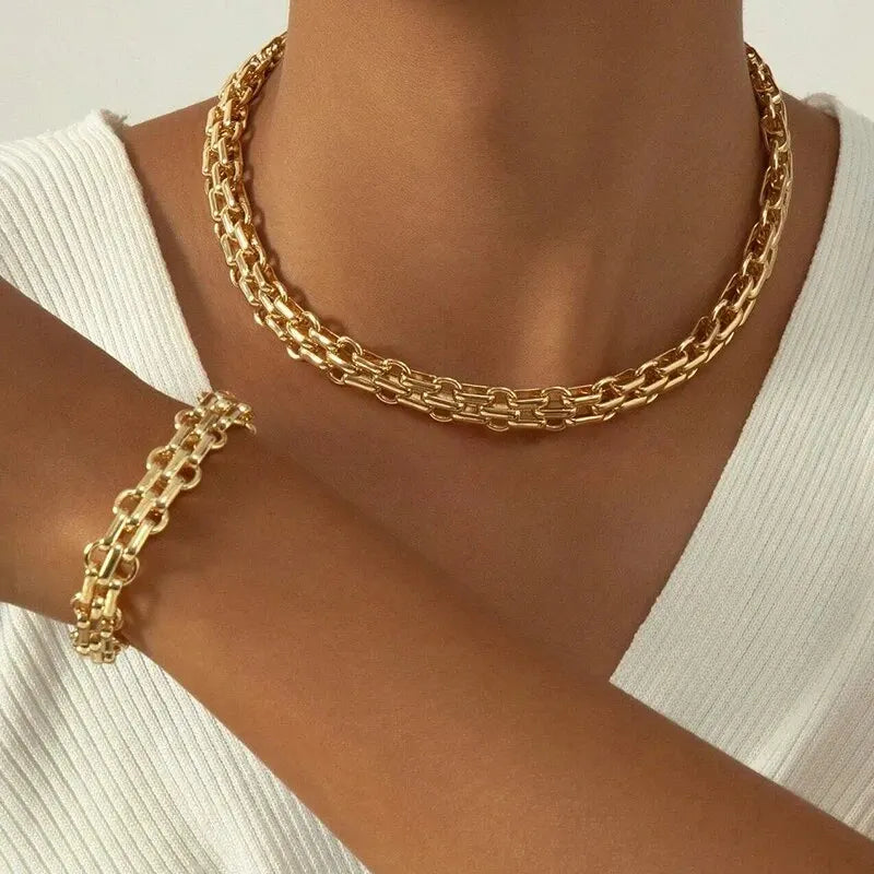 Ensemble Bijoux Femme Chaîne Punk Plaqué Or - Collier Bracelet Gros Maillons Style Dubai