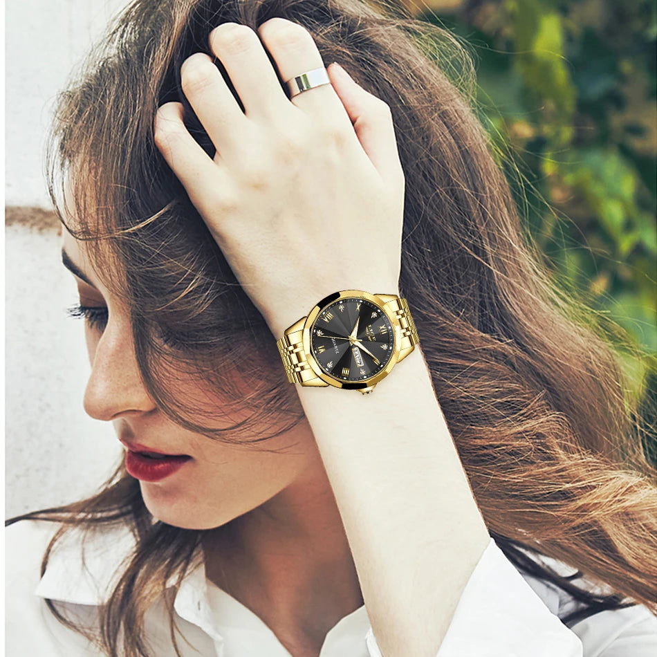 Montre Femme LIGE Acier Inoxydable - Quartz Luxe Or Noir Classique Élégante