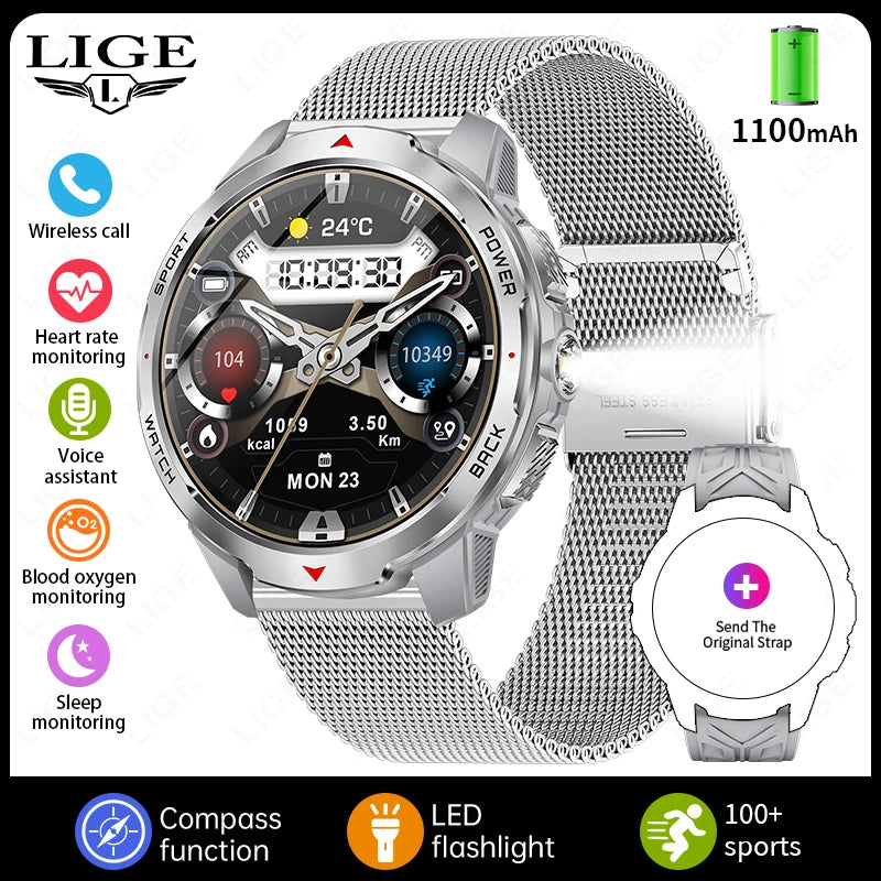Montre Intelligente LIGE Homme 1100mAh - Boussole Outdoor 3ATM Étanche Bluetooth Fitness - MONASTORESHOP.COM