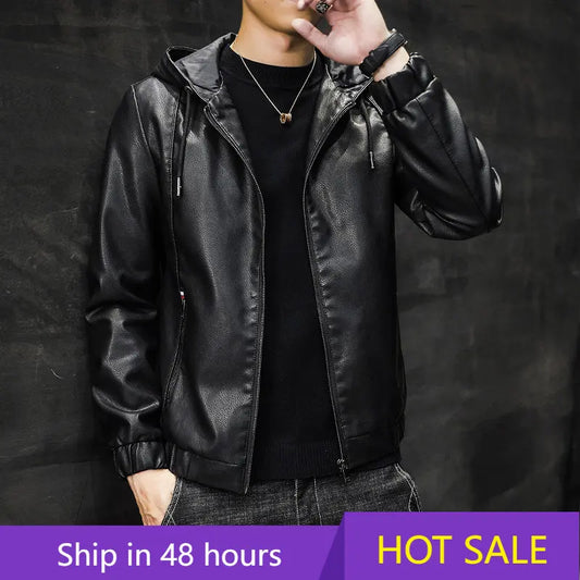 Blouson Homme Cuir PU Automne - Veste Motard Noir Uni | MONASTORESHOP.COM