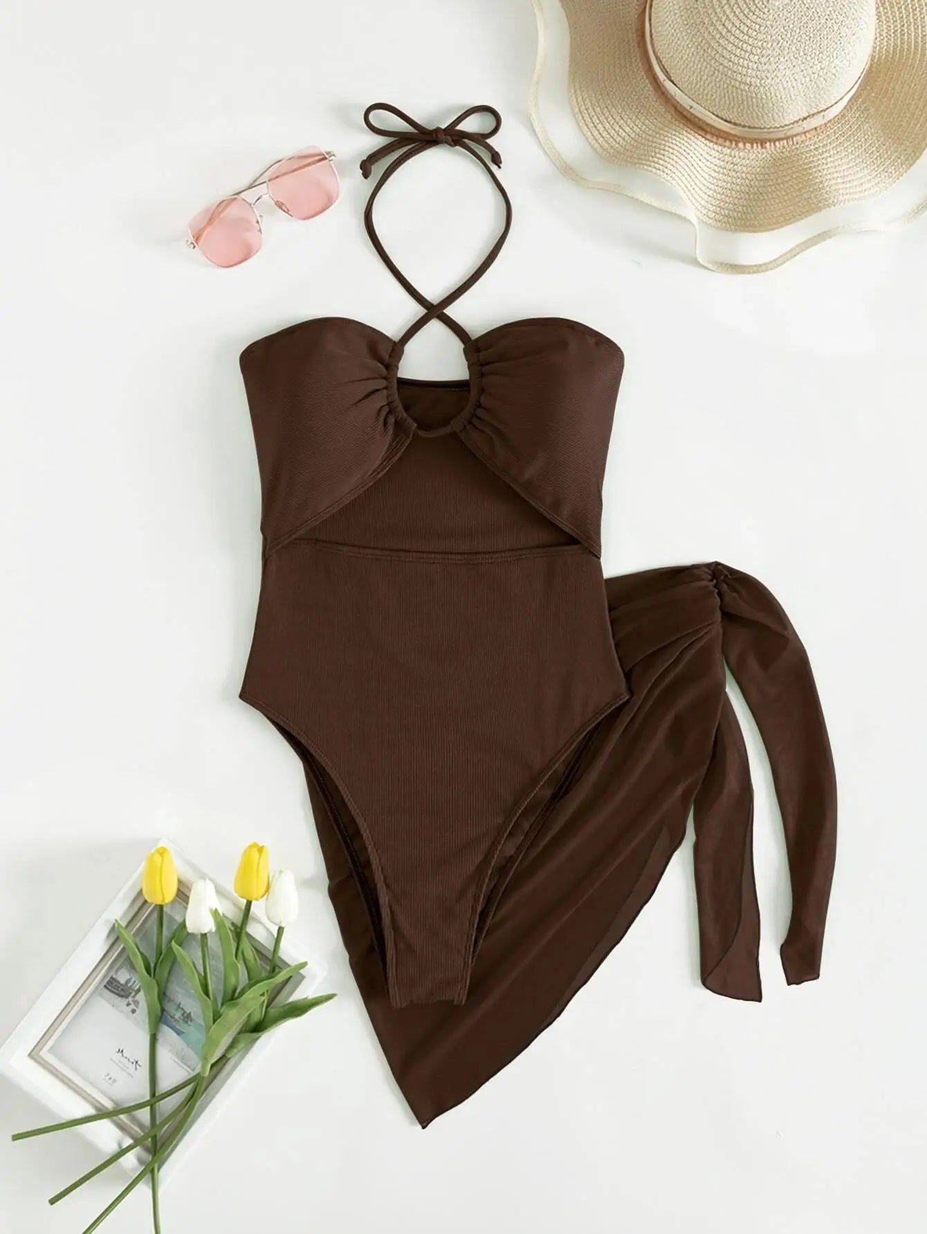 Maillot de Bain 1 Pièce Femme Licou avec Jupe - Bikini Élégant Découpe