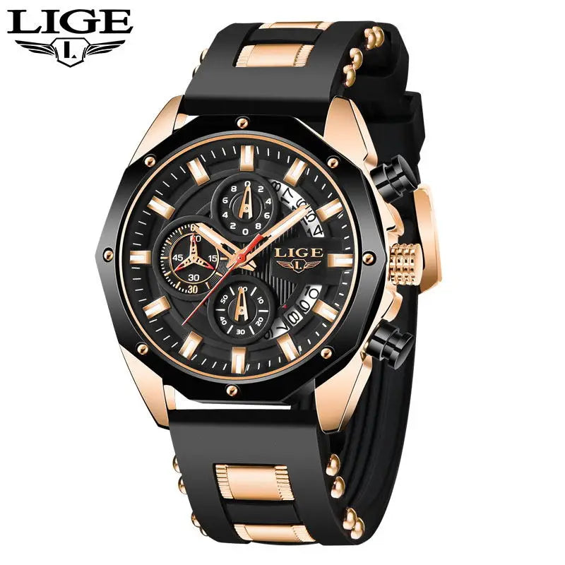 Montre Sport Homme LIGE Silicone - Chronographe Quartz Étanche Luxe Noir Or Rose