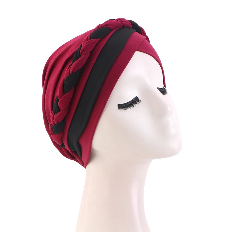 Foulard turban tressé bordeaux et noir, rayures contrastées et tresse torsadée