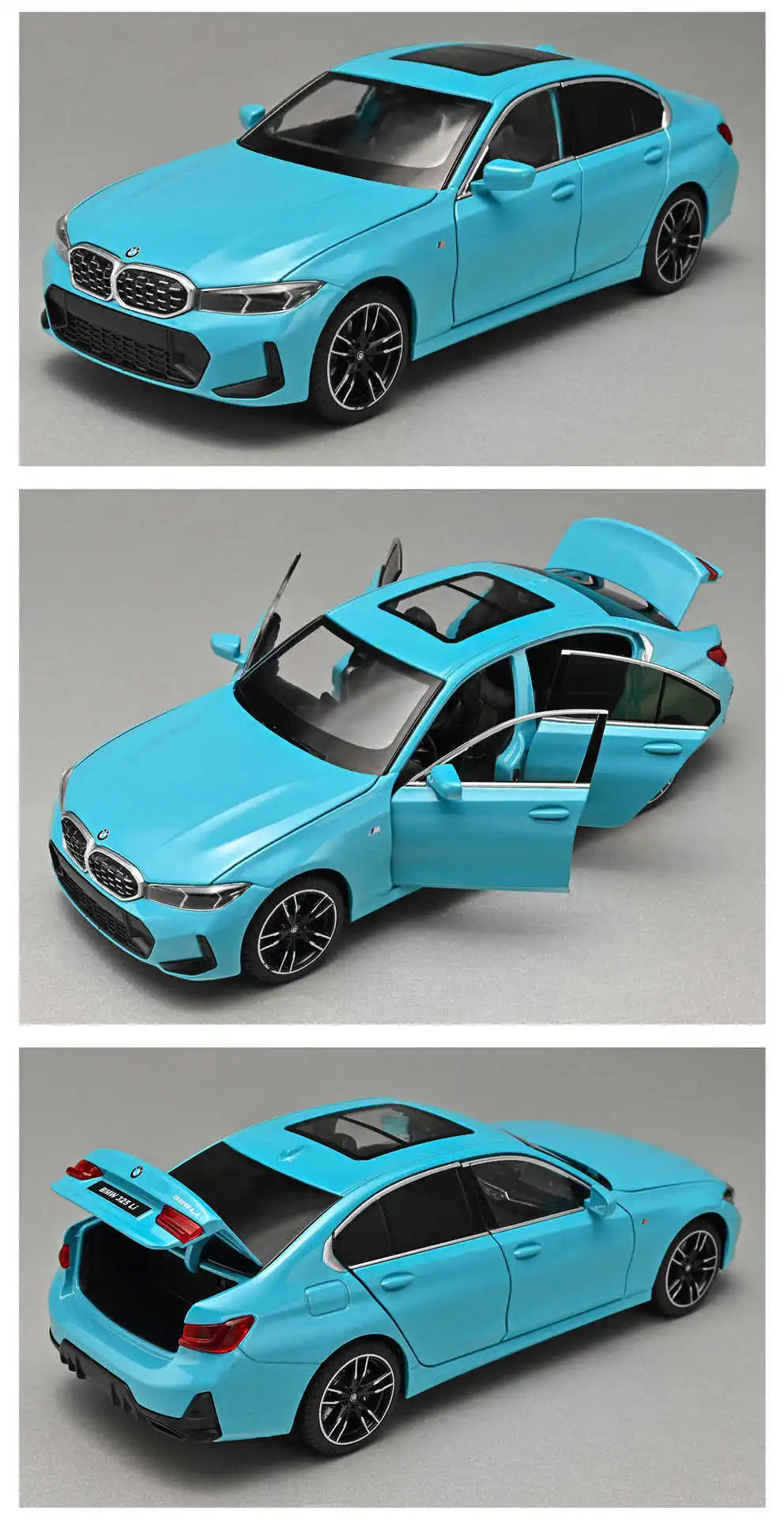 Voiture miniature BMW Série 3 M Coupé bleue, vue avant 3/4, roues et calandre noires