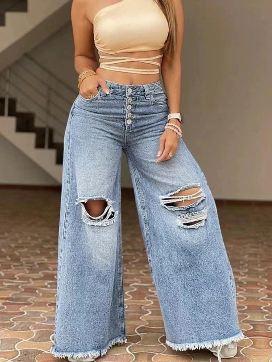 Jean Taille Haute Jambes Larges Femme - Coupe Loose Denim Bleu