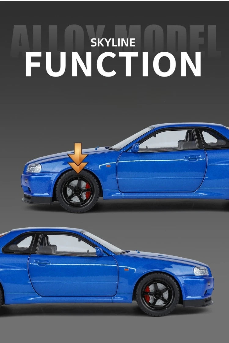Modèle de voiture Nissan GT-R R34 Skyline en alliage roue démontable au 1/18