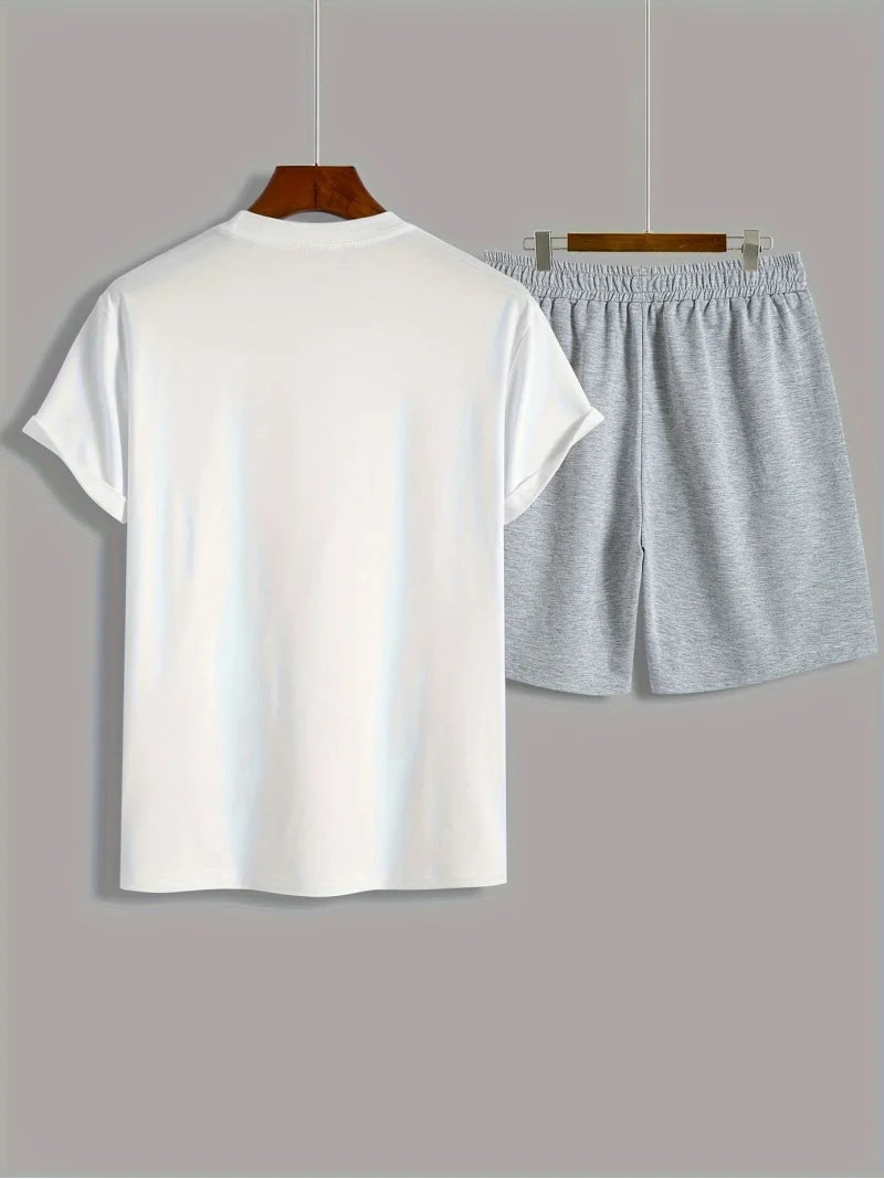 Ensemble t-shirt blanc et short gris homme, col rond, taille élastique