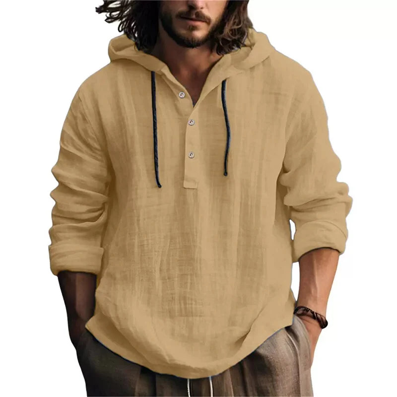 Chemise en lin à capuche couleur sable, patte boutonnée et manches longues