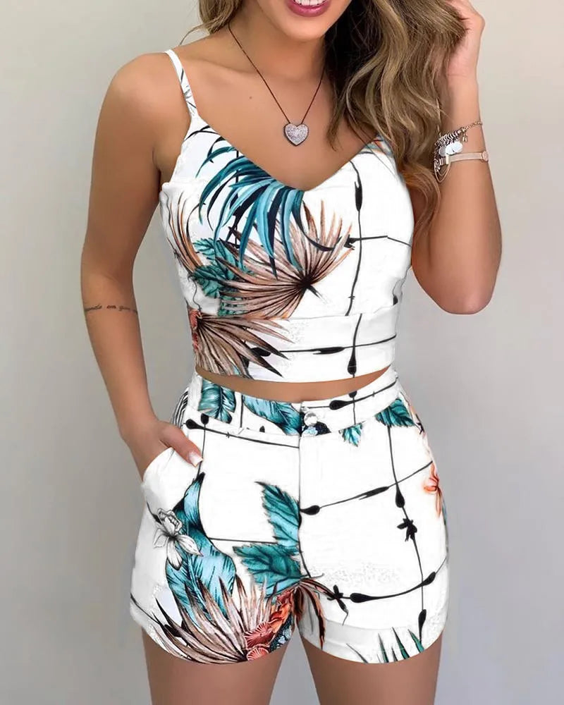 Ensemble Deux Pièces Femme Bohème - Chemise Florale et Short Polyester