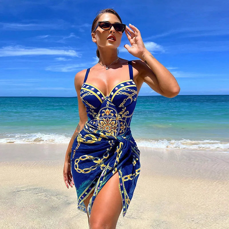 Maillot de bain une pièce push-up bleu à armatures, imprimé chaînes dorées et nœud drapé