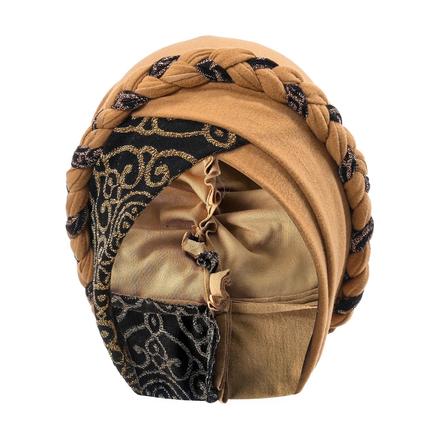 Bonnet turban tressé kaki à motifs noirs et dorés, vue intérieure.