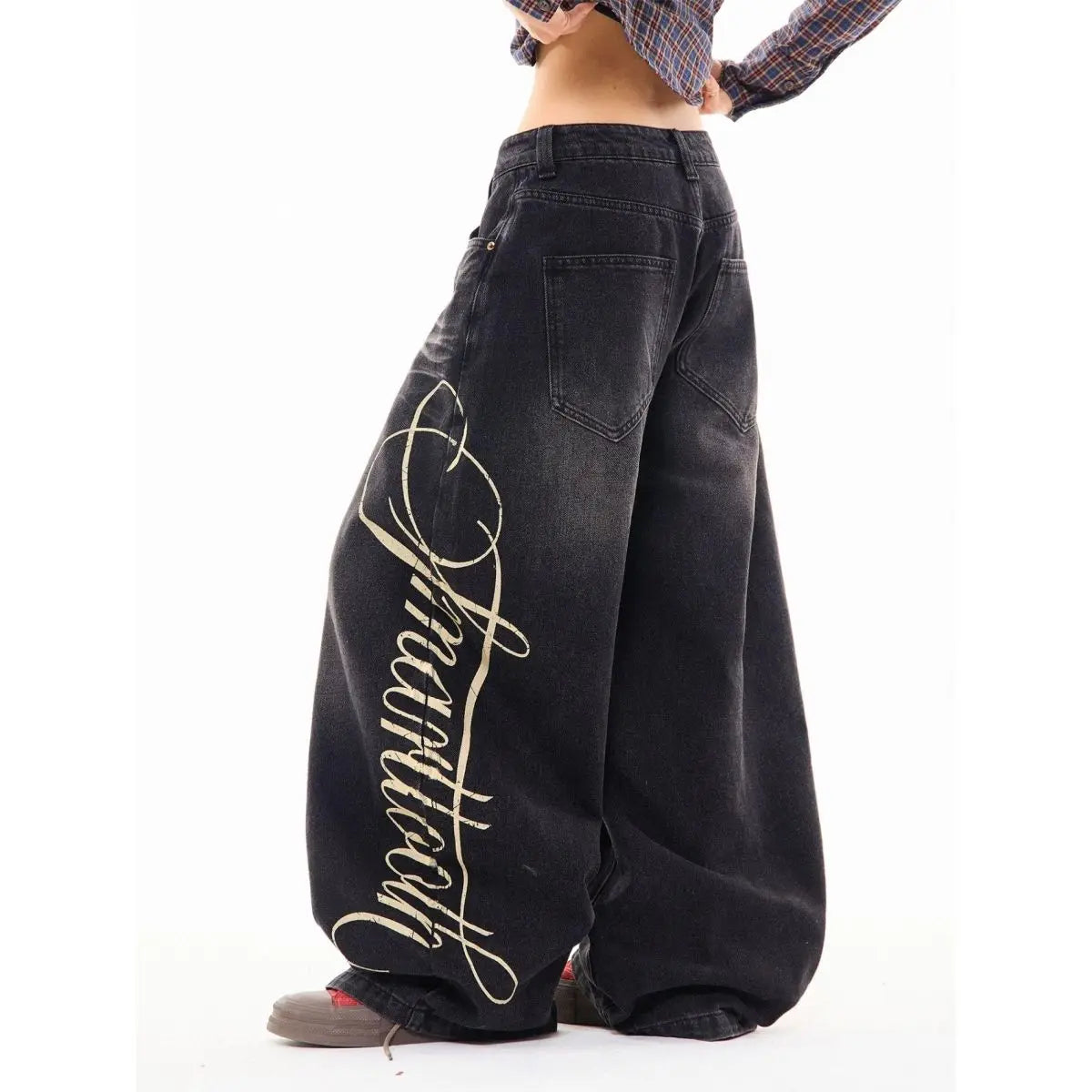 Jean Baggy Y2K Femme – Coupe Boyfriend Oversize, Imprimé Lettres Harajuku