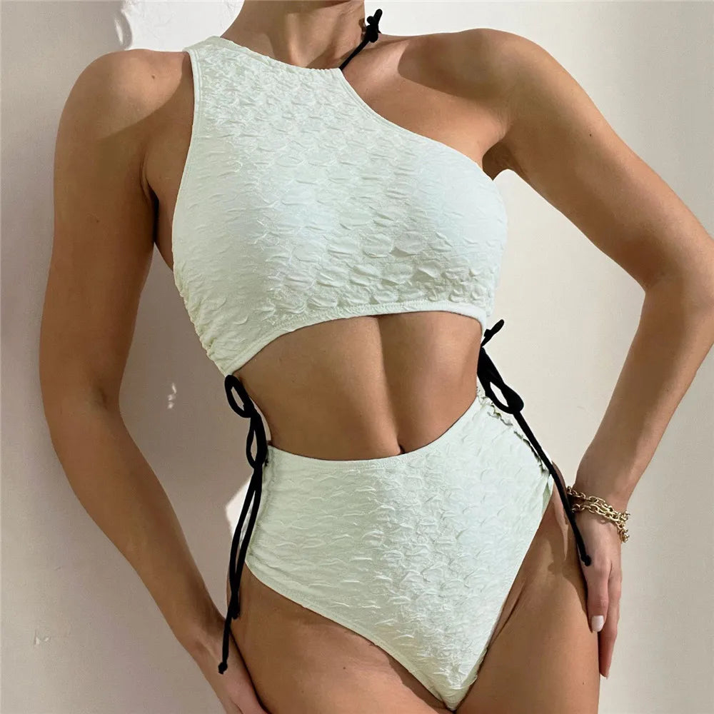 Bikini Blanc Taille Haute Asymétrique - String à Lacets Sexy - Col Unique