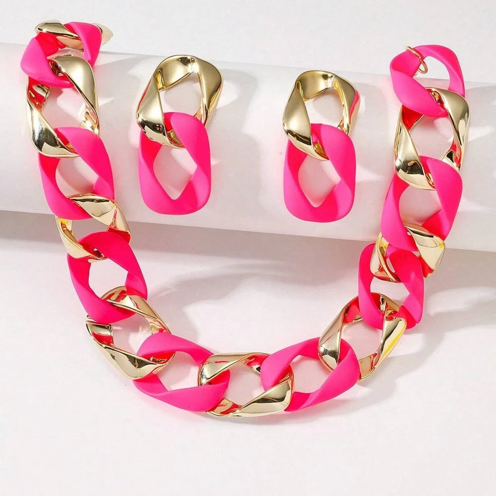 Parure Bijoux Femme Hip Hop - Collier Ras-du-Cou & Boucles Fluorescent Doré