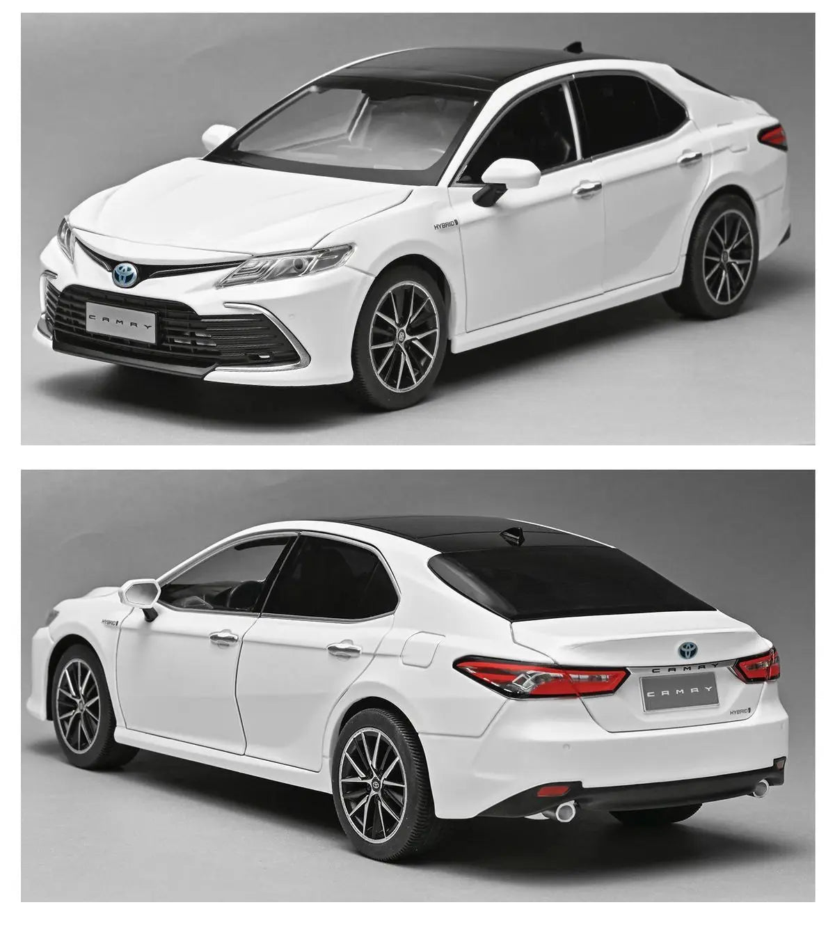 Voiture miniature Toyota Camry 1:18 noire, vue arrière 3/4, feux et jantes